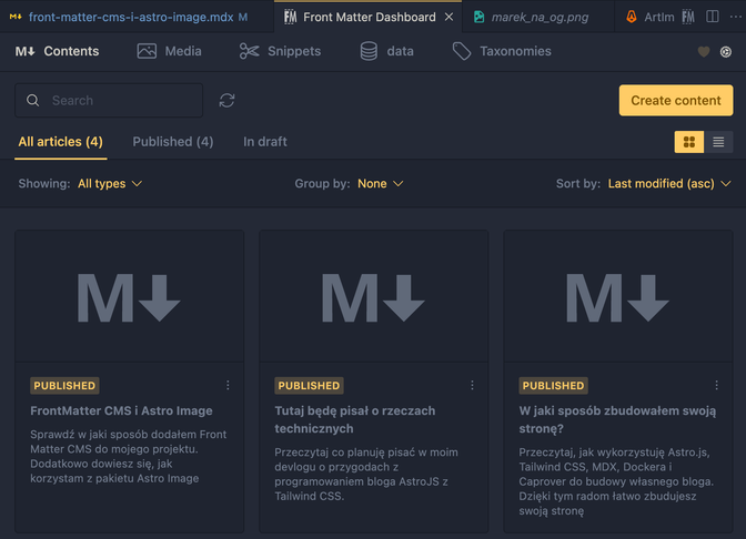 Screenshot pokazujący listę artykułów w Front Matter CMS